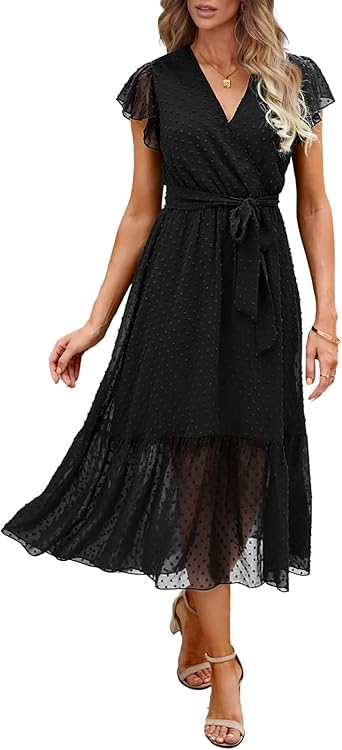 Women Summer Bohemian Floral Casual Wrap V Neck Ruffle Cap Sleeveless Belt A-Line Pleated Hem Midi Sun Dress White