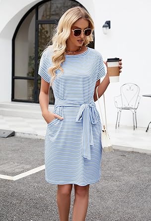 Women's Summer Striped Short Sleeve T Shirt Dress Casual Tie Waist with Pockets